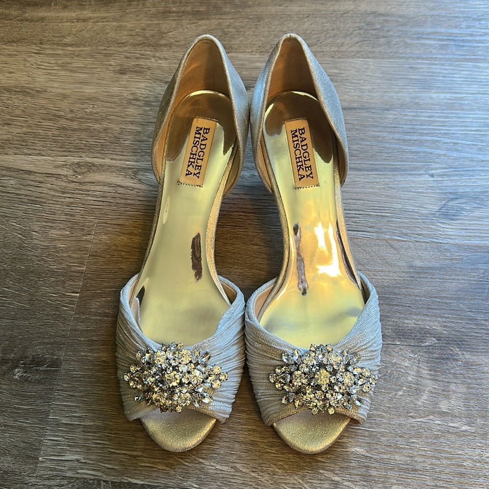 Badgley Mischka Gold Glitter D'Orsay Heels with Crystal Brooch